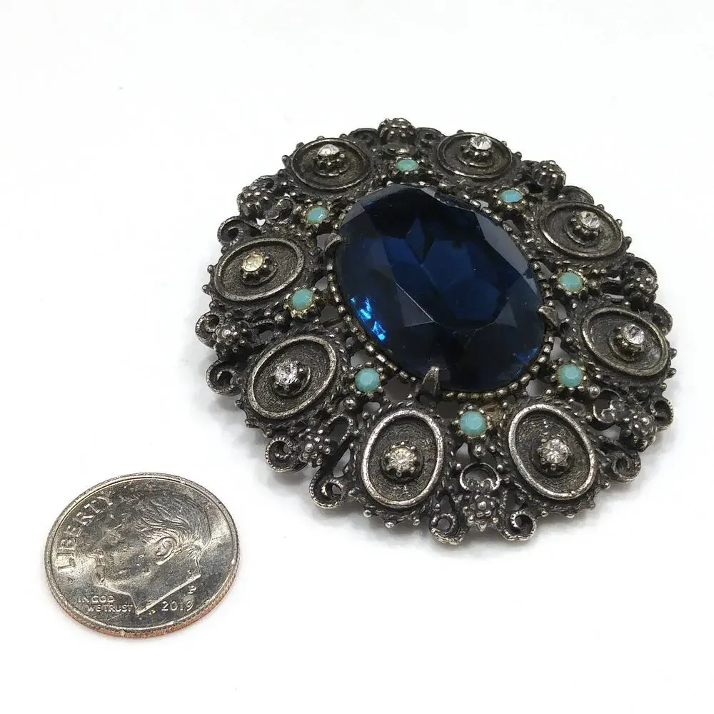 Florenza Blue Faceted Glass Brooch & Pendant, Antique Silver Tone, Gold Plated